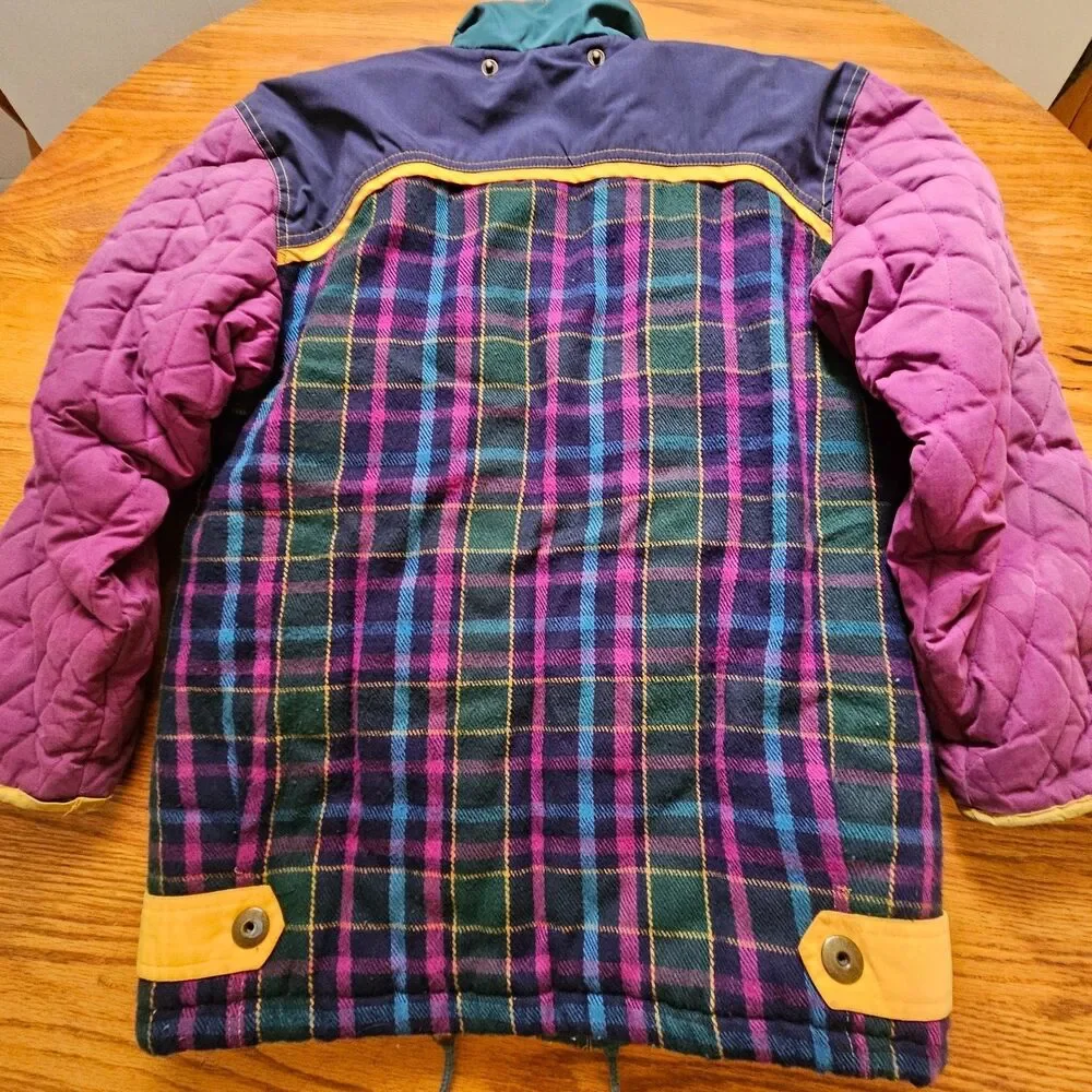 Andy Johns Kids Coat Girls M 10-12 Teal Front Plaid Back Purple Quilted Sleeves